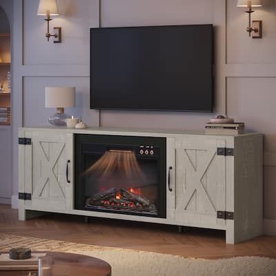 Bestier 63" Fireplace TV Stand for TVs, Farmhouse Barn Door Entertainment Center with Electric Heater, Adjustable Shelves