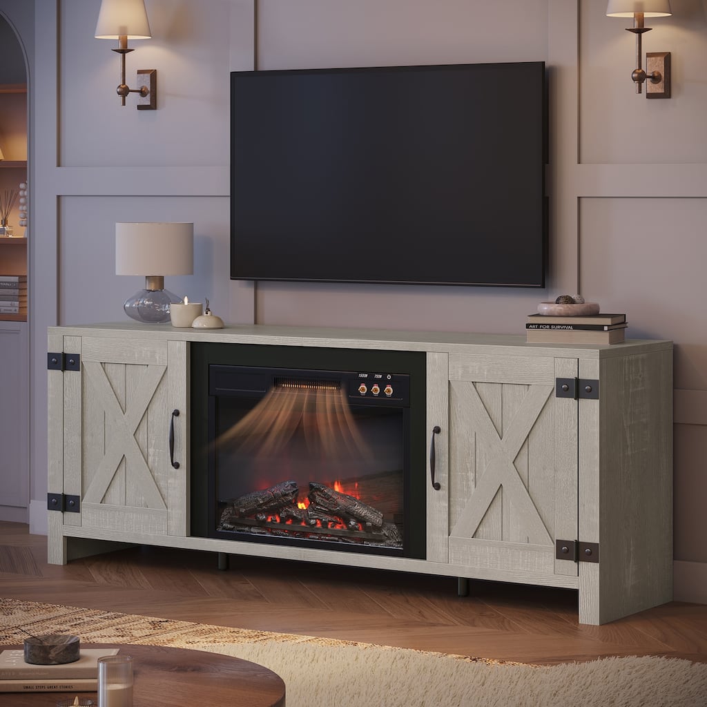 Bestier 63" Fireplace TV Stand for TVs, Farmhouse Barn Door Entertainment Center with Electric Heater, Adjustable Shelves