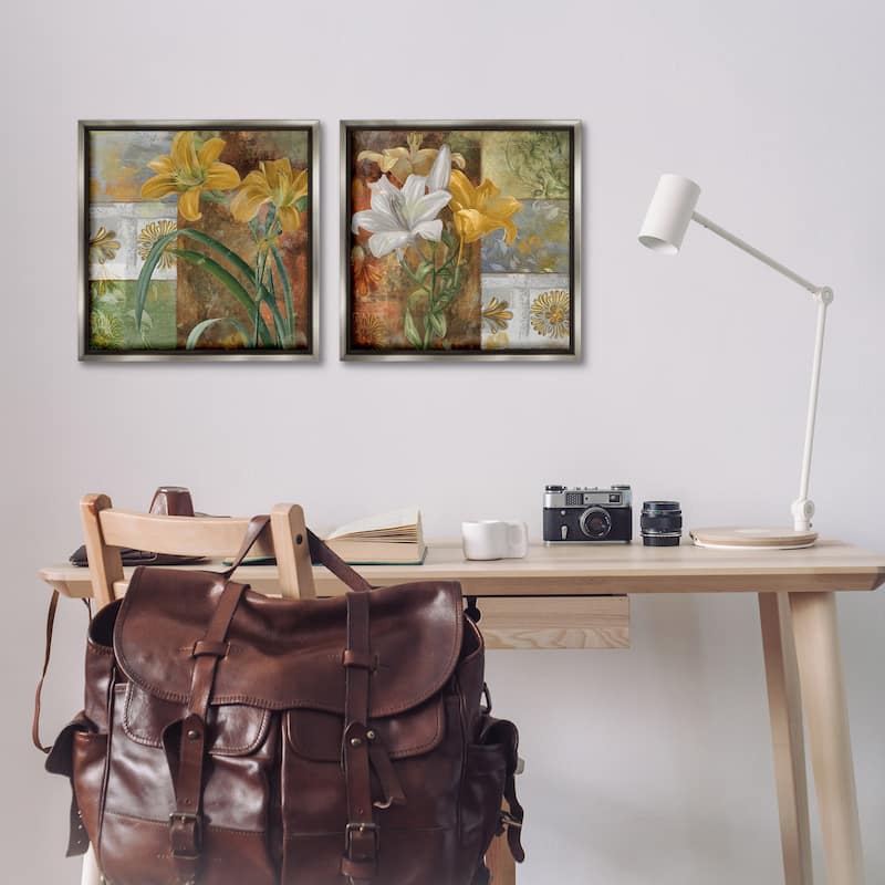 Stupell Lilies & Vintage Tile Patterns Framed Floater Canvas Wall Art Design By Sasha (Set of 2)