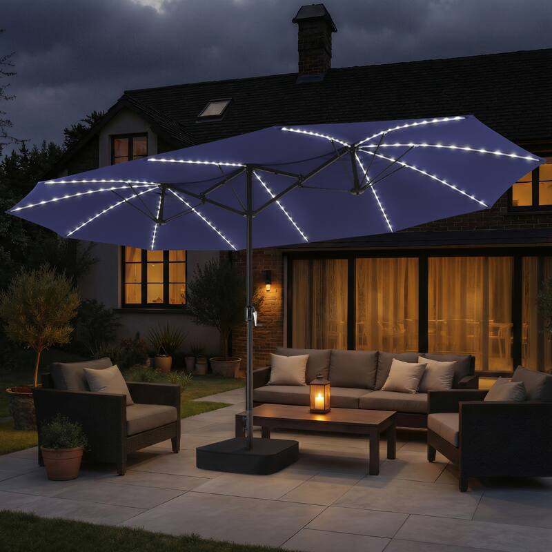 Crestlive Products 15ft Rectangular Double-sided Outdoor Market Umbrella Solar LED Lighted Patio Umbrella