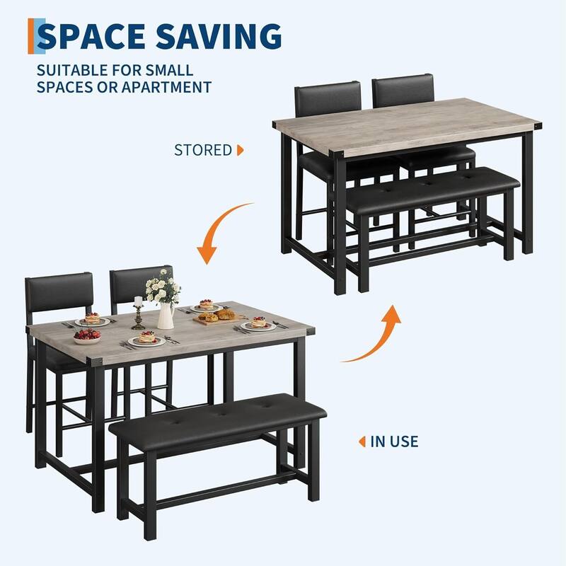 Kitchen Dining Table Set for 4 with 2 Padded Chairs and Bench for Apartment, Home