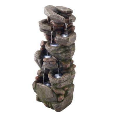 7-Tier Rock Style Yard Fountain with Soothing Water Sounds and LED Lights for Patio Decor - 14.96 x 11.42 x 38.98 in