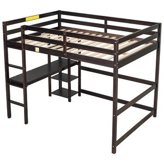 Full Pine Wood Loft Bed w/Built-in Desk, Ladder, Guard Rails, Espresso