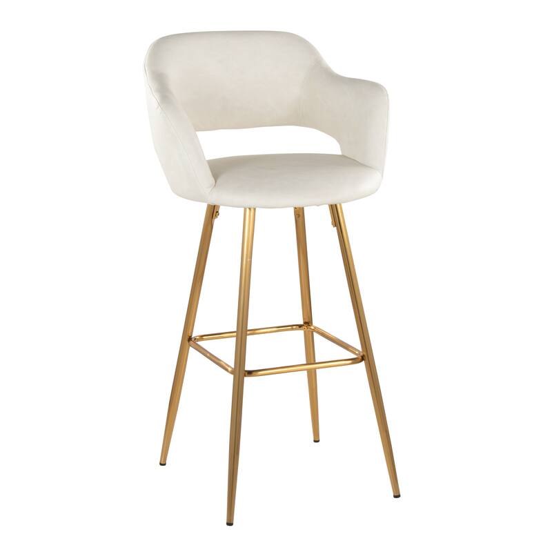 Porch & Den Vallen 30" Fixed-Height Faux Leather Counter Stool with Metal Legs & Square Footrest (Set of 2) - Cream Faux Leather/Gold Metal