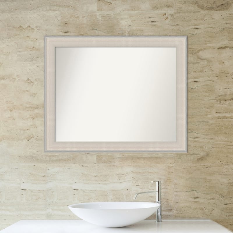 Cottage White Silver Non-Beveled Wood Framed Bathroom Vanity Wall Mirror - Cottage White Silver