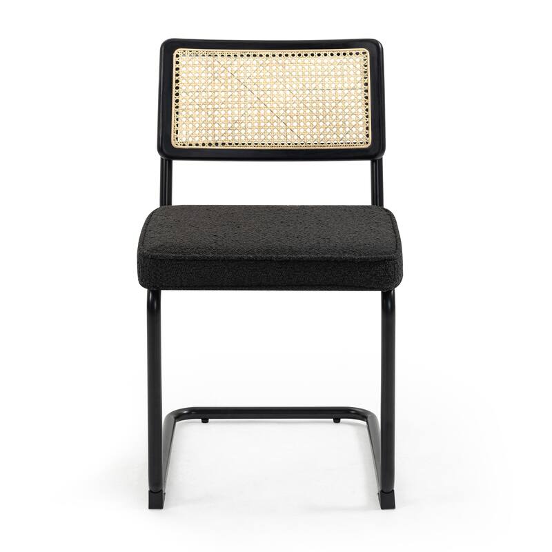 Set of 2 Aziel Black Boucle Dining Chair with Rattan Backrest and Black Iron Legs