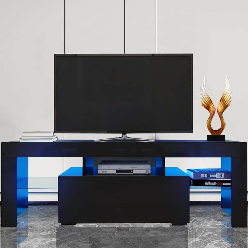 51.18" TV Stand with Down Filp Door, Glass Shelf and High Glossy Finish for TVs Up to 55"