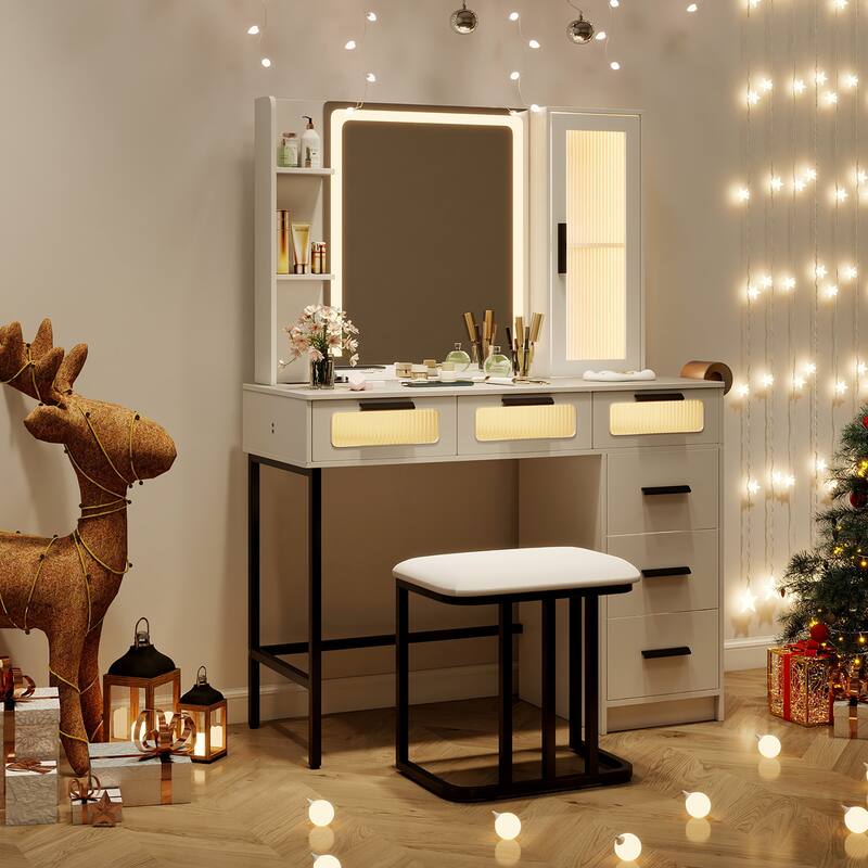 Gymax Vanity Desk w/ Mirror Induction Lighting 3-Color Lighting Modes