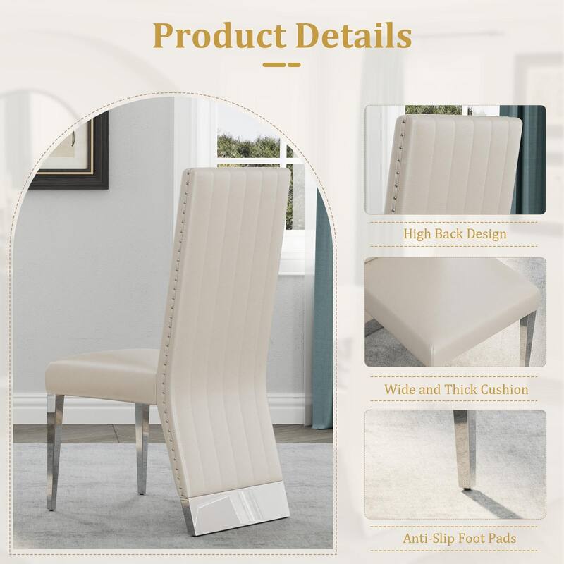 White PU Leather Dining Chairs with Nail Head Trims and Mirrored Silver Metal Legs