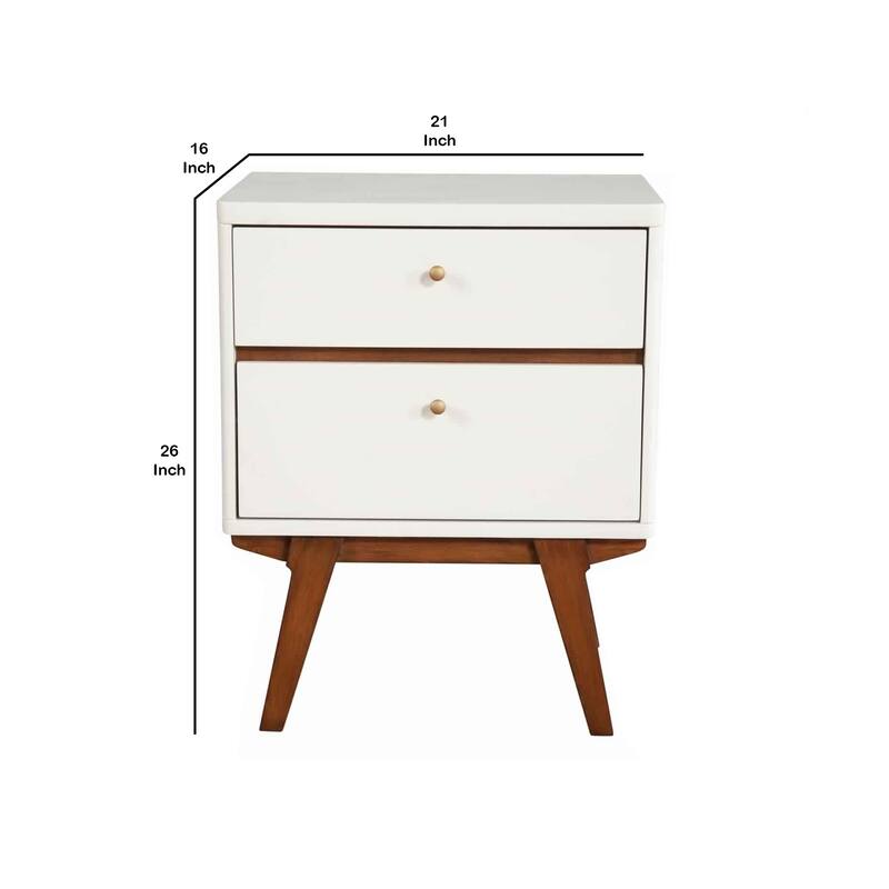 White/Brown 2 Drawer 21 in. W Nightstand with Angled Legs