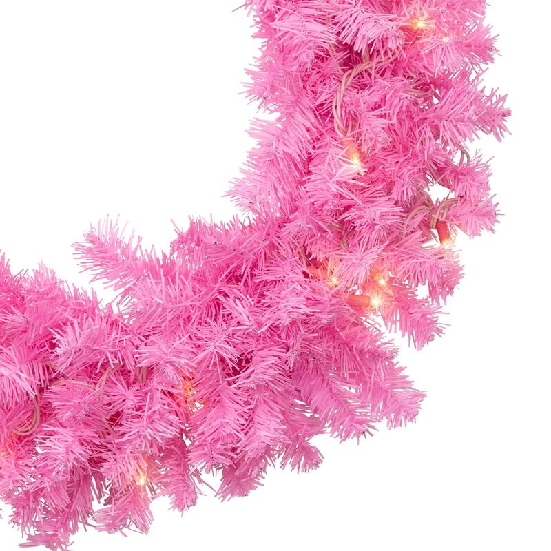Pre-Lit Artificial Pine Christmas Wreath - 24" - Pink- Clear Lights