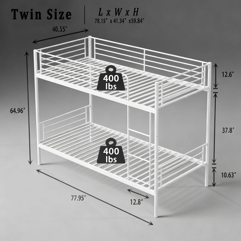 Twin Over Twin Metal Bunk Bed with Ladder, High Guardrails, Convertible to Two Beds, Noise-Free Frame & Storage Space