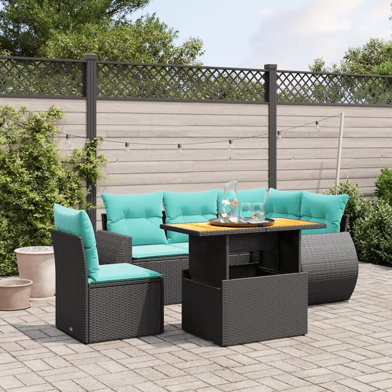 vidaXL Patio Sofa Set with Cushions Outdoor Furniture 6 Piece Poly Rattan - 24.4 x 24.4 x 27.2 - Black-table+1x corner+2x middle