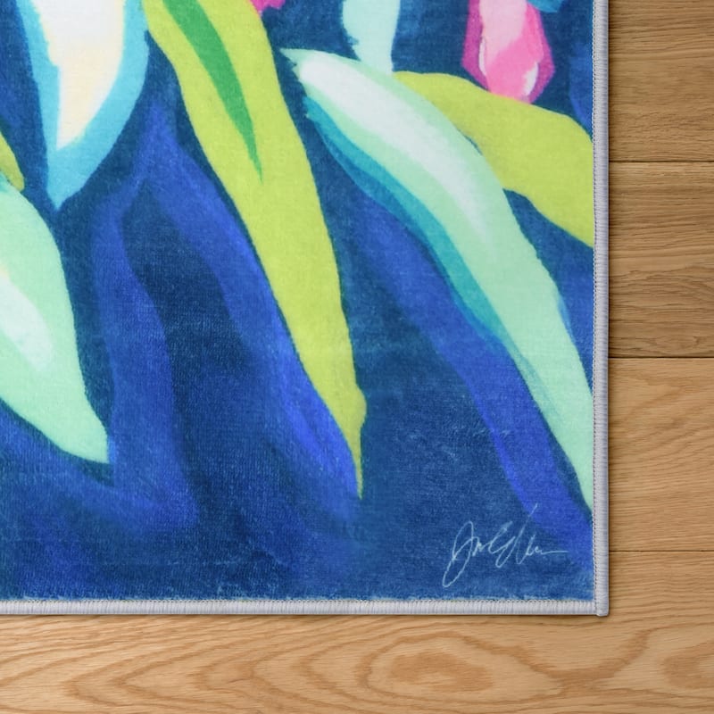 Blue Tropics I, Hand Washable Flowers Art Area Rug, power-loomed, 100% polyester, 2mm pile, non-slipping back