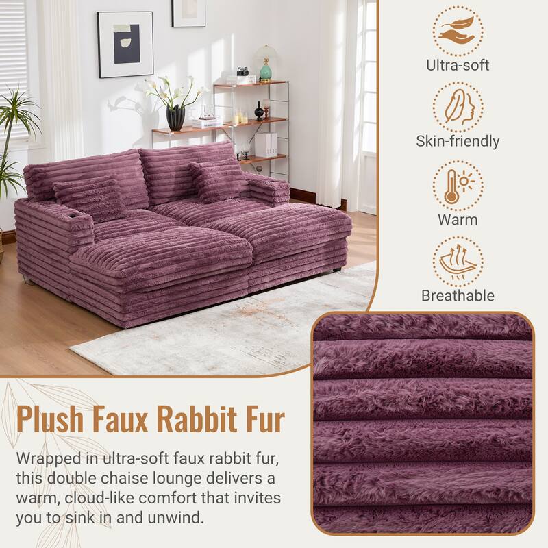 83.5" Oversized Double Chaise Sofa Bed - Plush Cloud Couch w/ USB Ports, Cup Holders & 2 Pillows, Upholstered Sleeper