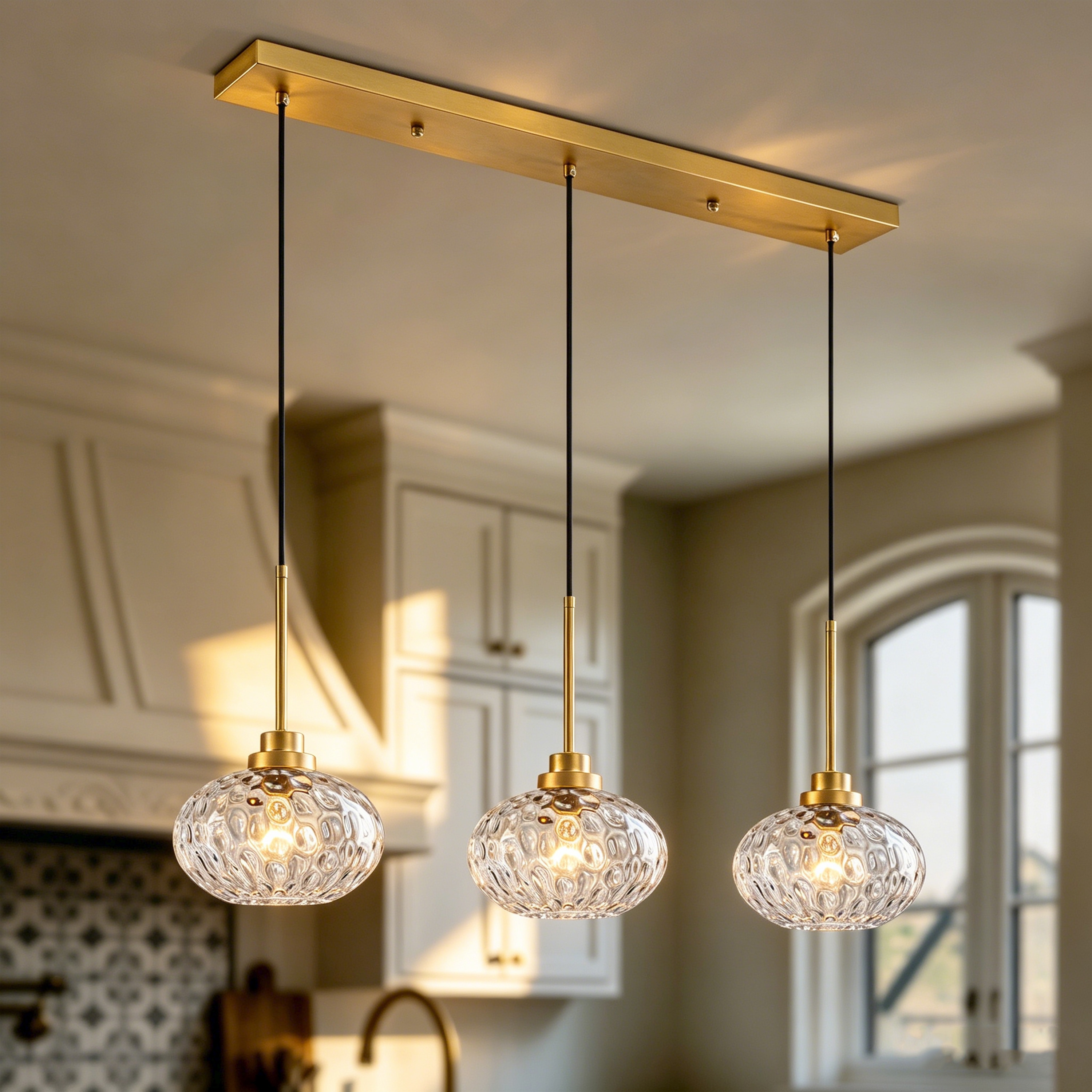 Starsky 3-Light Modern Linear Hammered Glass Globe Pendant Light for Kitchen, Dining Room, Bar Area