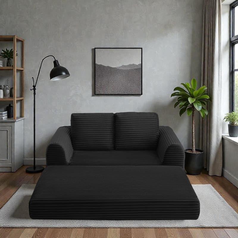 2 in 1 Folding Sofa Bed Loveseat, Corduroy Convertible Sleeper Couch with Pillows, Boneless Floor Futon