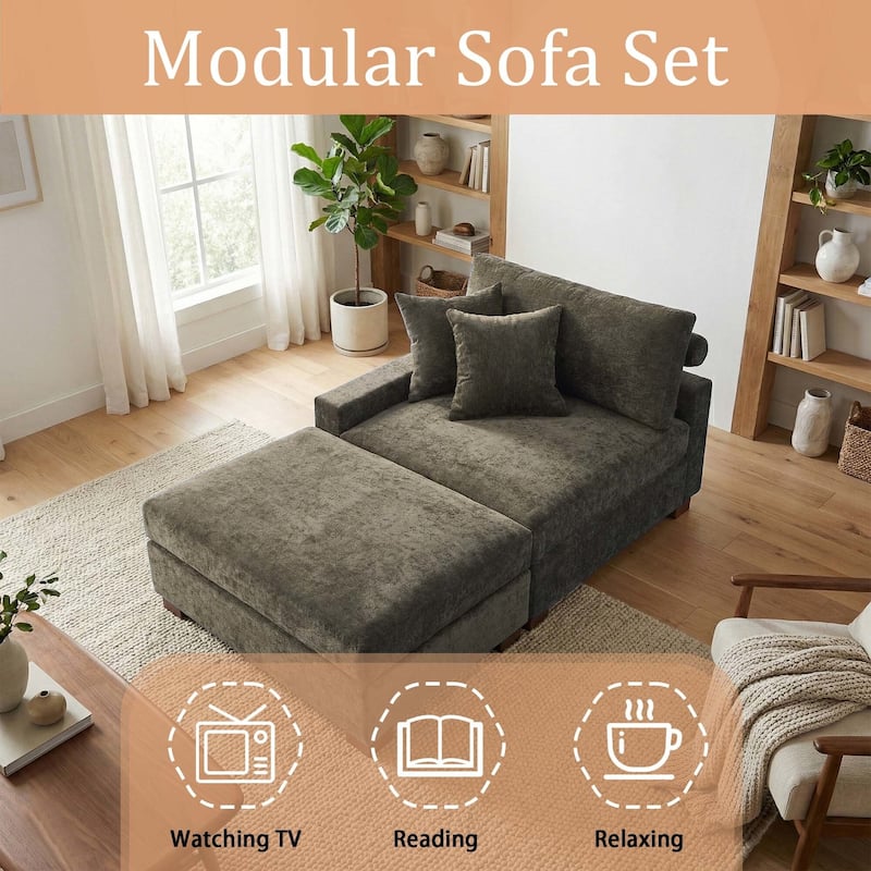 Oversized Chenille Modular Armchair And Ottoman Set Living Room Set
