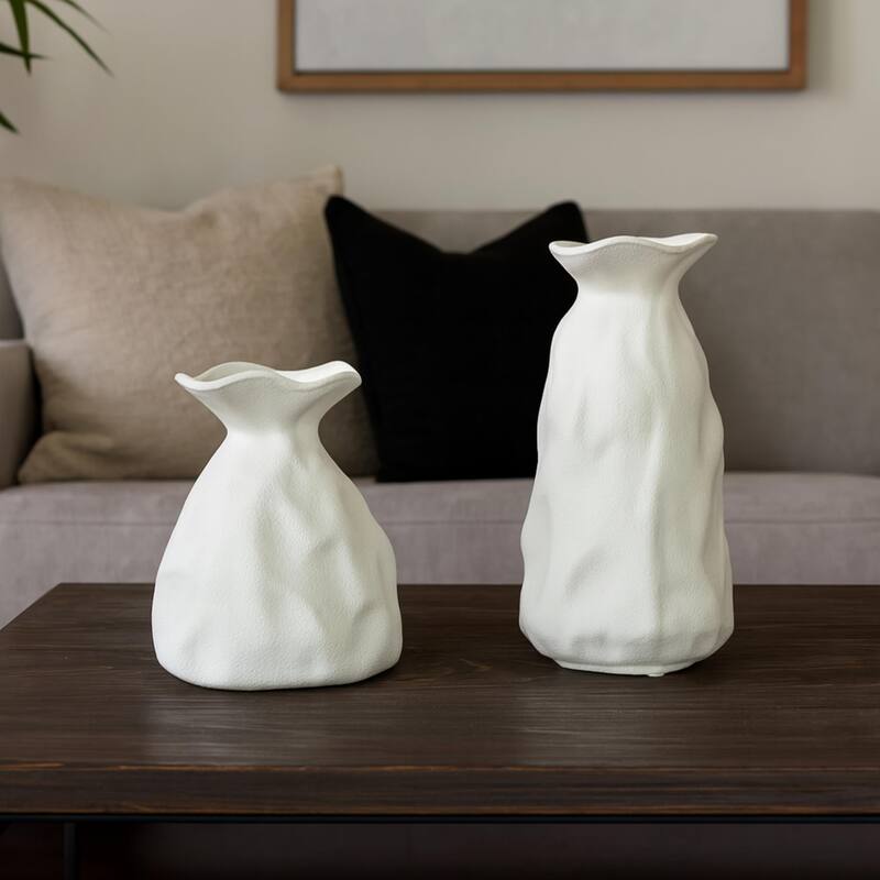 ARIA HOME White Ceramic Vase Artistic Paper Bag Inspired Design Set of 2