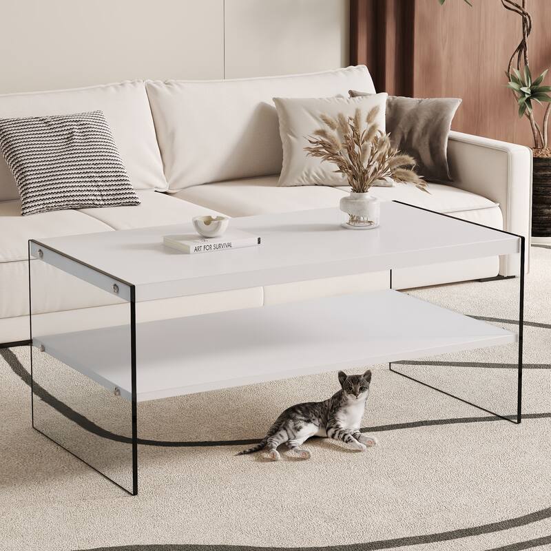 43.3" Modern Rectangular Coffee Table with Tempered Glass Legs and Storage Shelf - White
