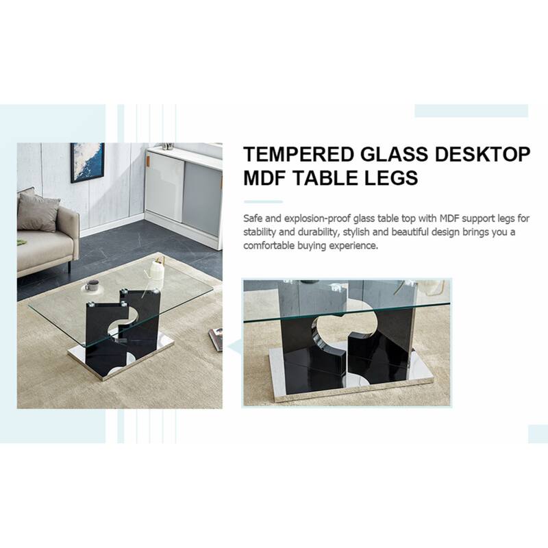 A rectangular modern and fashionable coffee table with tempered glass tabletop and black MDF legs