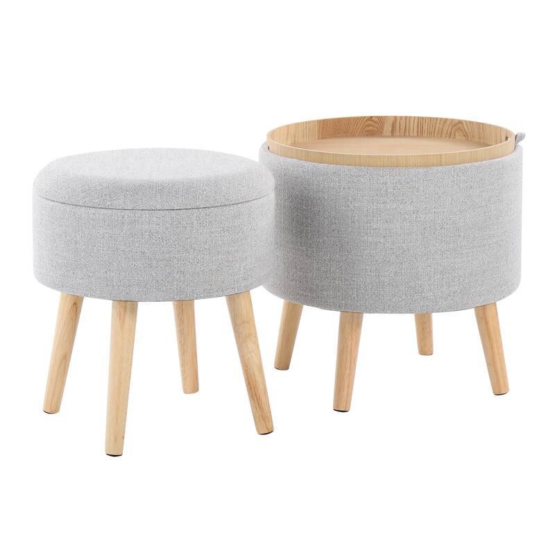 Tray Contemporary Storage Ottoman with Matching Stool in Fabric and Wood Legs by LumiSource - Grey
