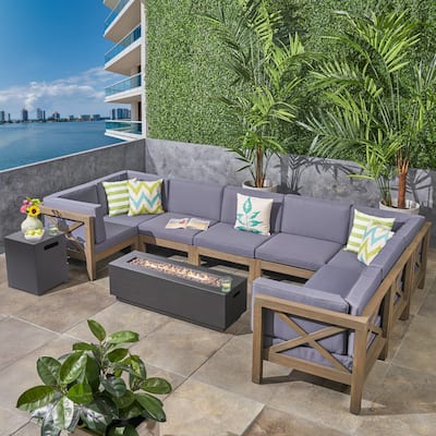 Thasos Outdoor Farmhouse Acacia Wood 8 Seater U-Shaped Sectional Sofa Set with Fire Pit by Christopher Knight Home