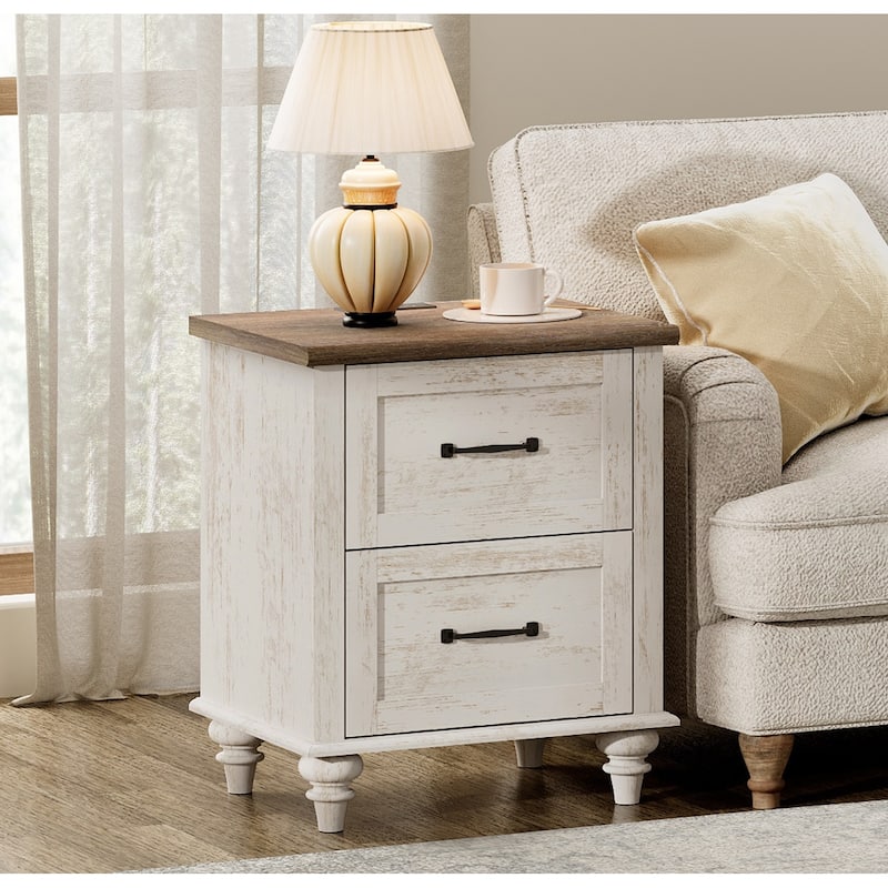 Farmhouse End Table Nightstands with Charging Station & Drawer