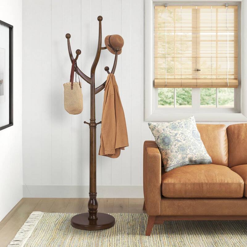 Tree-branch Rubberwood Freestanding Coat Rack with Hooks