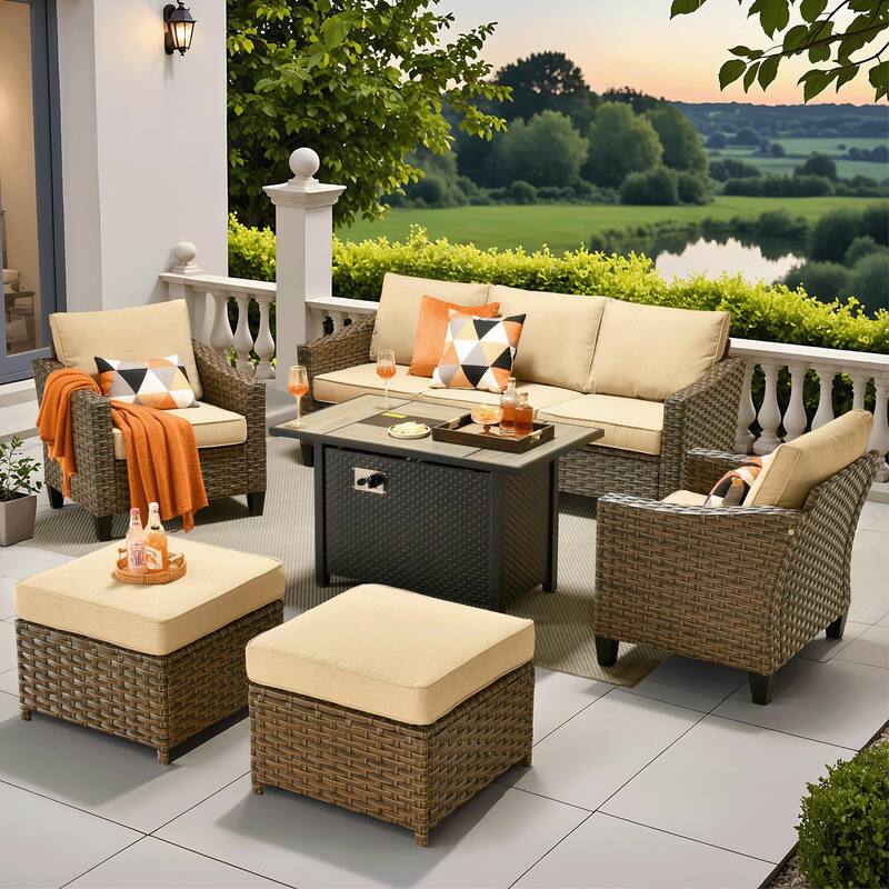​​OVIOS 6-Piece Outdoor Wicker Set with Fire Pit Table​ - Beige