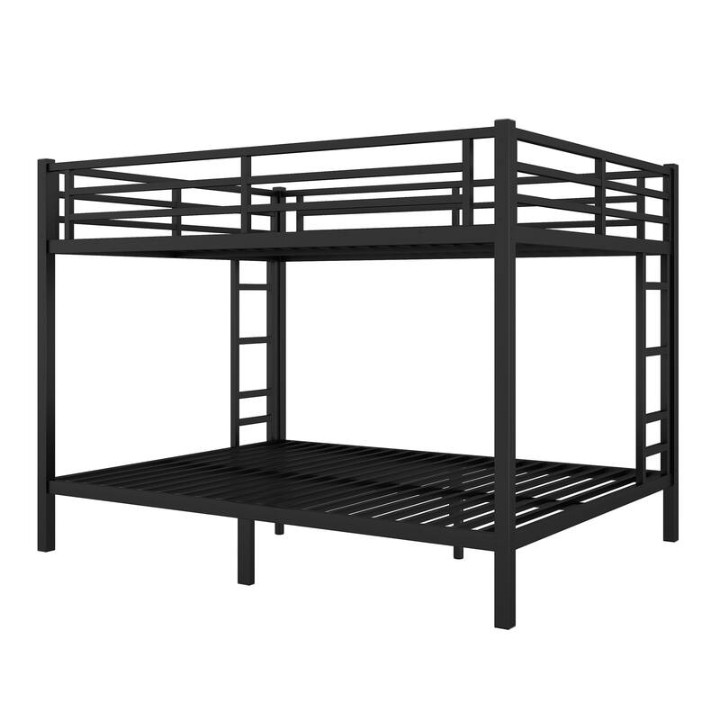 Noise Reduced Design Black Metal Queen Over Queen Bunk Bed Frame for Teens, Adults with Duel Side Ladders and Safety Guardrails