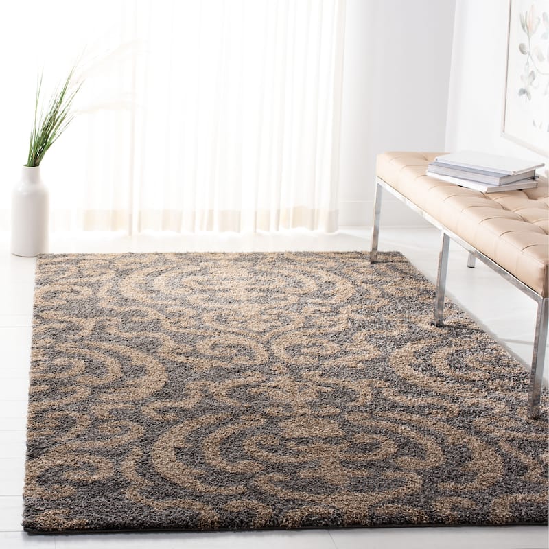 SAFAVIEH Florida Shag Frachia Ornate Damask 1.2-inch Thick Rug - 4' x 6' - Grey/Beige