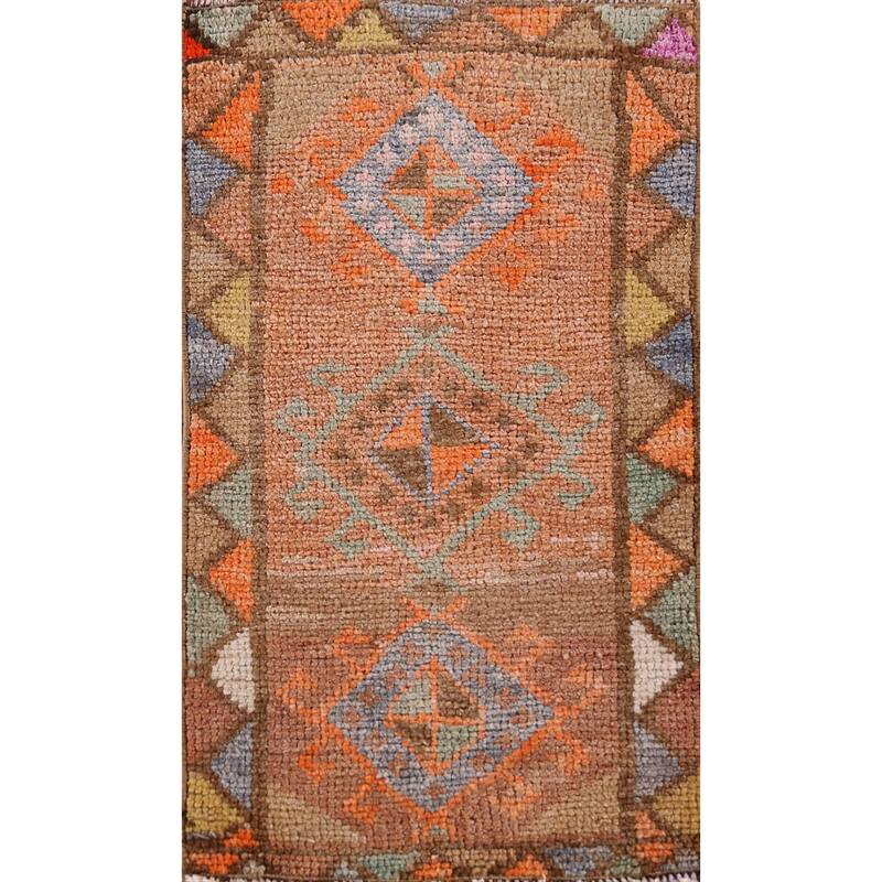 Hand Knotted Oriental 100% Wool Carpet Transitional Geometric Oranges & Rust Anatolian Area Rug - 2' 10'' X 1' 7''