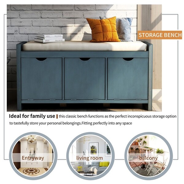 Entryway Storage Bench,Cushion&3 Flip Lock Cabinet,Living Room
