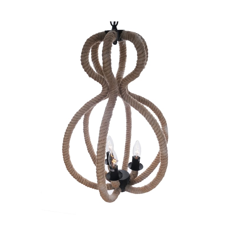 HomeRoots Natural and Black Iron and Rope Three Light Ceiling Light - 15' X '47.5' X '15