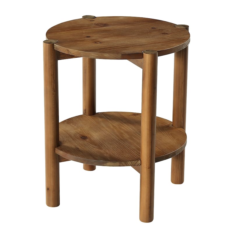 2 Tier Solid Wood Round Side Table, Farmhouse End Table with Storage Shelves