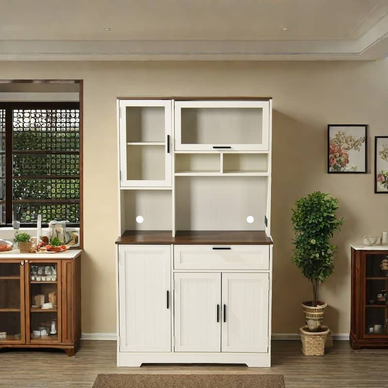 Moasis Farmhouse Kitchen Food Pantry Cabinet Kitchen Storage Cabinet with Adjustable Shelve And Built-In Charge Station