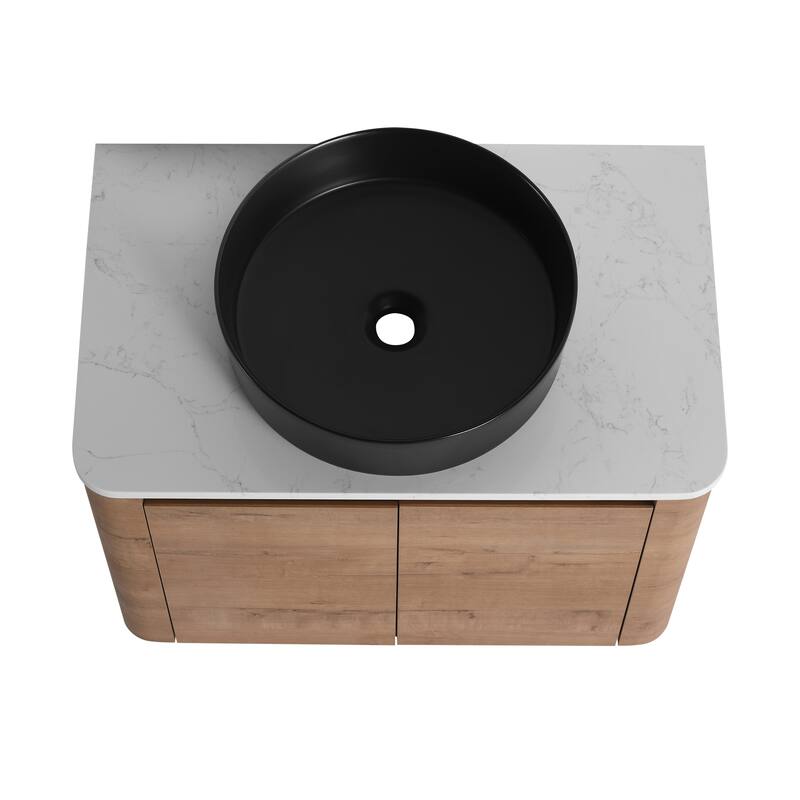 30'' Wall-Mounted Bathroom Vanity With Ceramic Art Sink & 2-Soft-Close Door, KD-Packing, Plywood