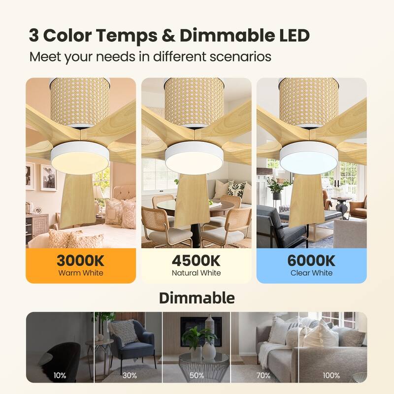 MLiAN 5 Solid Wood Blades Ceiling Fan with Lights Remote Control 6-Speed DC - 54''