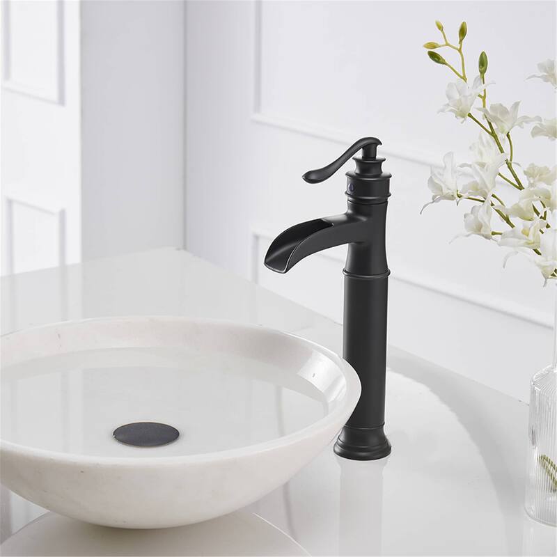 Waterfall Bathroom Vessel Faucet With Drain Assembly Single Handle Bathroon Vessel Sink Faucets One Hole Basin Vanity High Taps