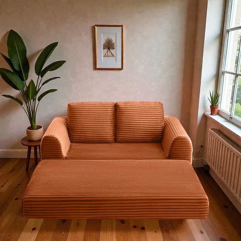 2 in 1 Folding Sofa Bed Loveseat, Corduroy Convertible Sleeper Couch with Pillows, Boneless Floor Futon