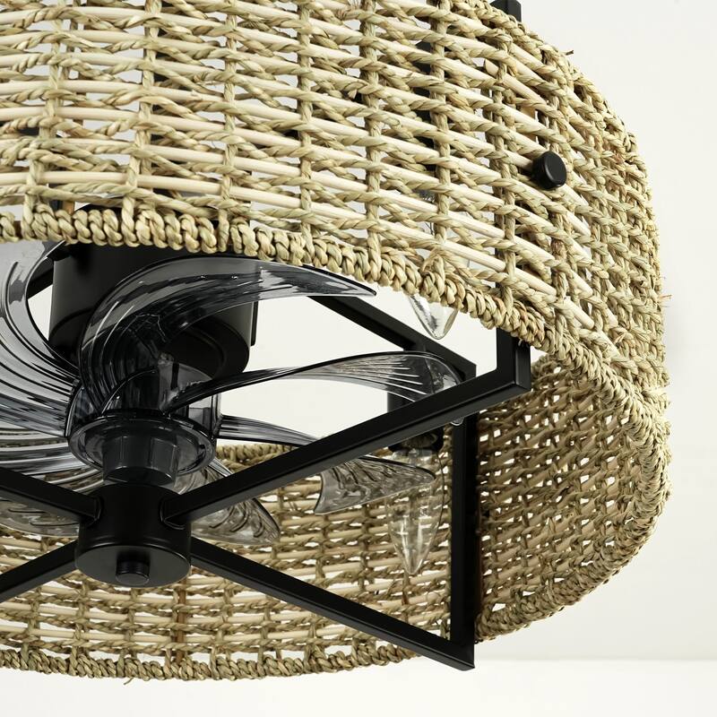 4-Light Traditional Boho Cylinder Drum Woven Rattan and Bamboo Ceiling Fan - 19.3 in. W x 8.3 in. H