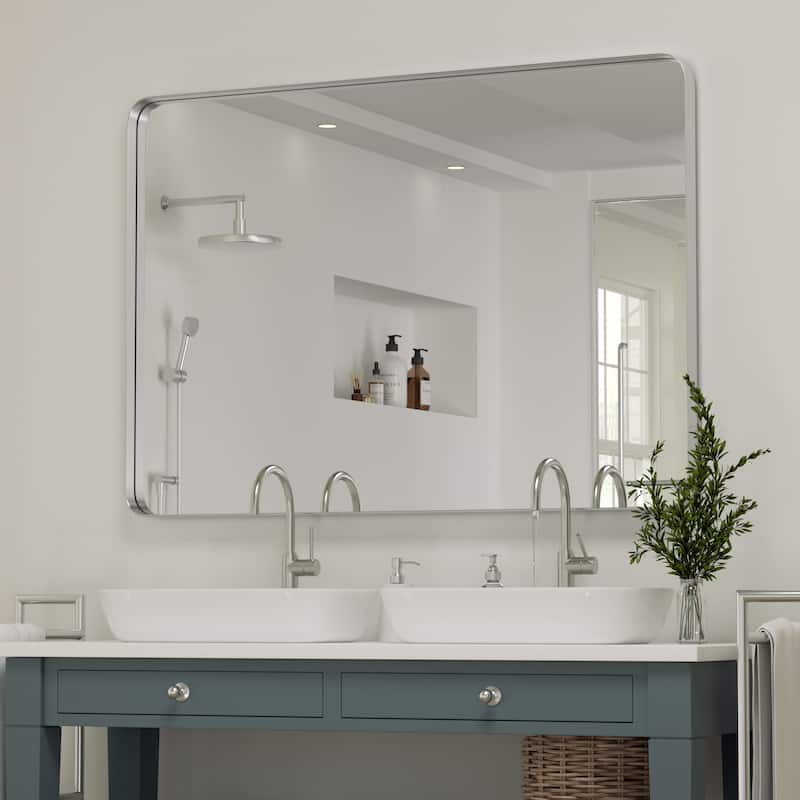 Modern Wall Mirror, Rectangular Mirror with Metal Frame, Bathroom Mirror with Round Corner Vanity Mirror for Vertical/Horizontal - 30W * 40H Inches - Silver