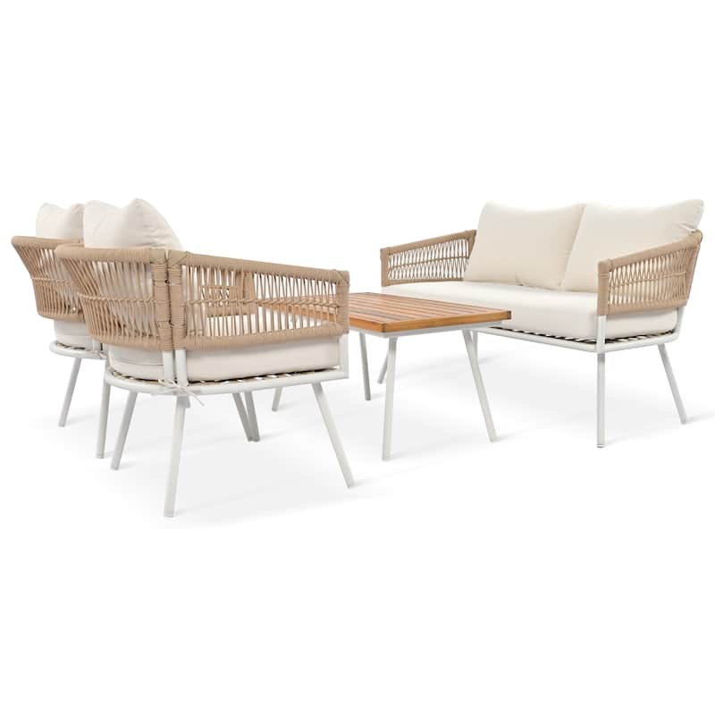 4-Piece Patio Furniture Set, Outdoor Furniture with Acacia Wood Table, Patio Conversation Set with Cushion