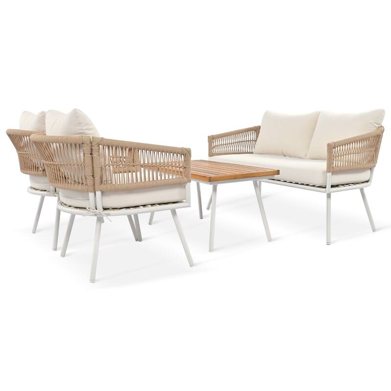 Outdoor 4-Piece Rope Conversation Sofa Set with Acacia Cool Bar Table & Armchairs