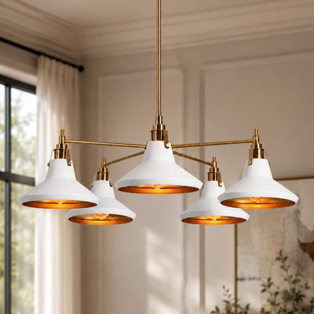 Modern 5-Light Gold Wagon Wheel Chandelier White Metal Shade Pendant Lights for Dining Room - 33" D x 9" H