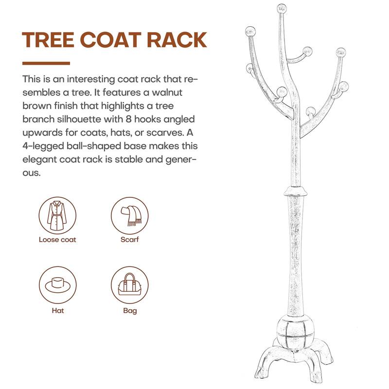 Tree-branch Rubberwood Freestanding Coat Rack with Hooks