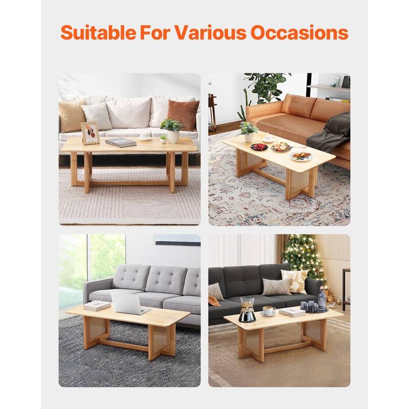 47-Inch Modern Rectangle Rattan Coffee Table with Rubber Wood Top Suitable for Any Small Space - 47.2 x 23.6 x 15.7 in