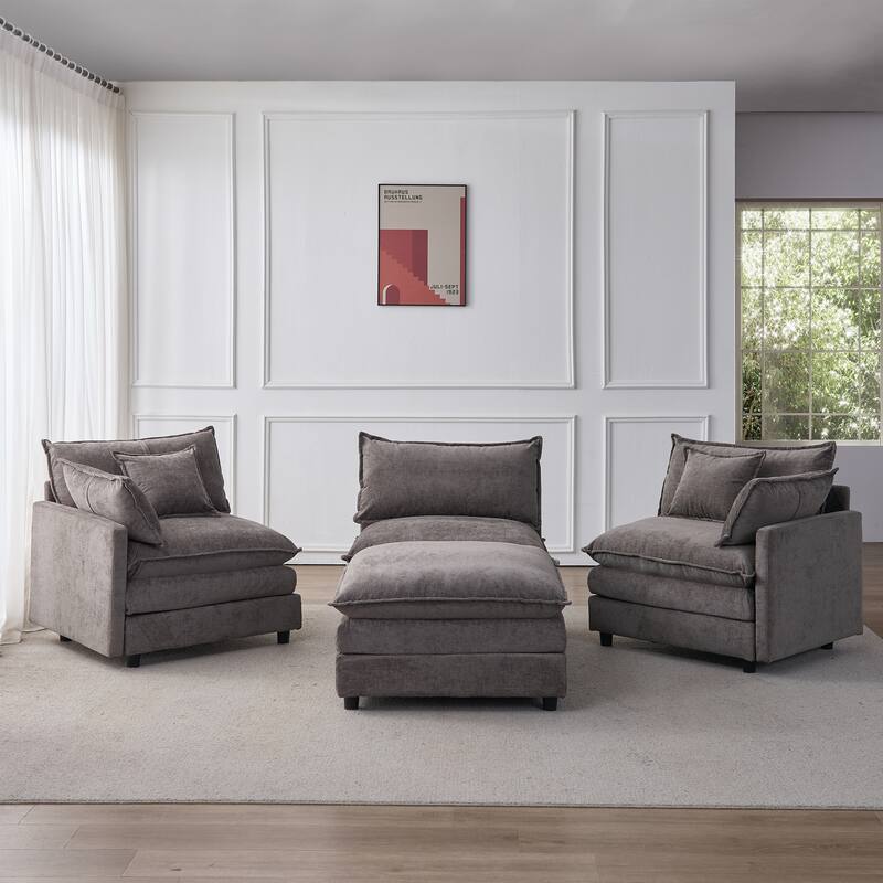 105" Modular Sectional Sofa with Ottoman, Upholstered Chenille Fabric 3-Seater