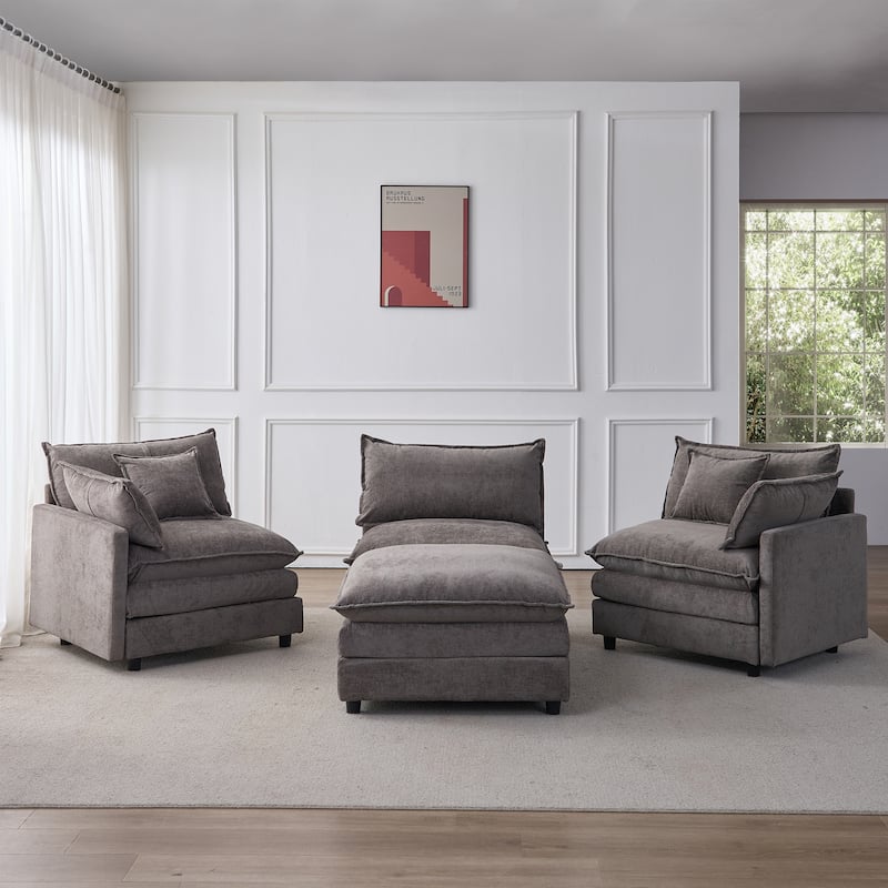 Chenille Upholstered L-shaped Sectional Sofa 3 Seater Modular Couch with Ottoman, Pillows and Double Layer Seat Cushions